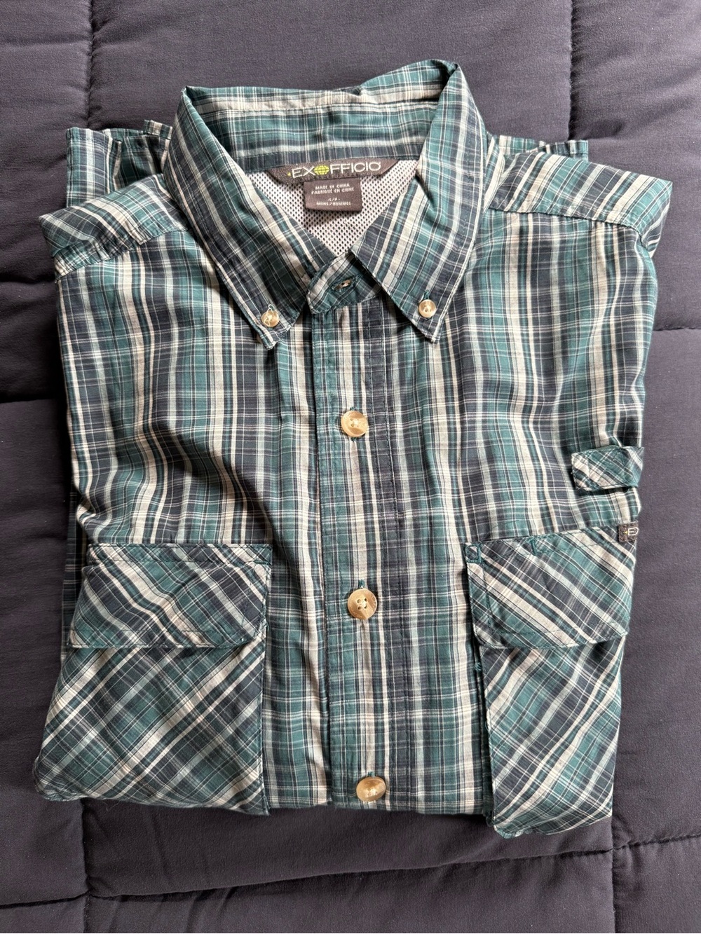 ExOfficio Air Strip Blue Plaid Vented Fishing Travel Shirt UPF Roll Tab